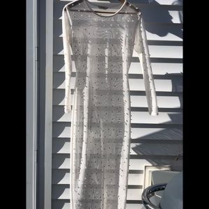 WHITE SHEER PEARL BEADED MIDI DRESS